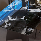 Trendy Midnight Black Steel Base Fixed Mixed Material Marble Top Dining Table Seating for 4/6 People, Stain Resistant