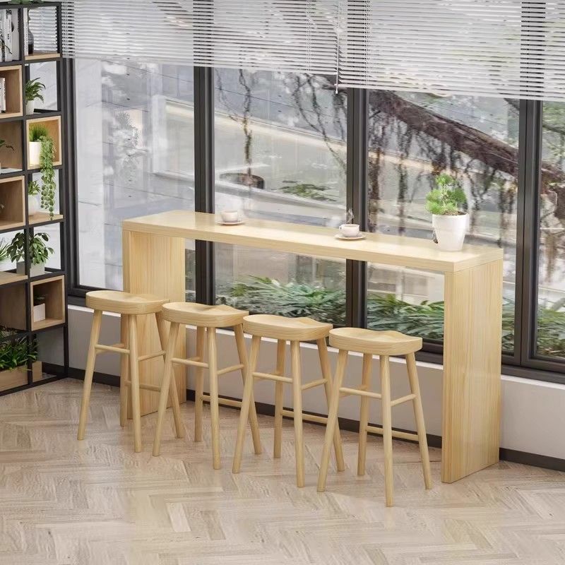Modern Rectangular Natural Wood Pub Table with Two-sided Pedestal in Wood Grain