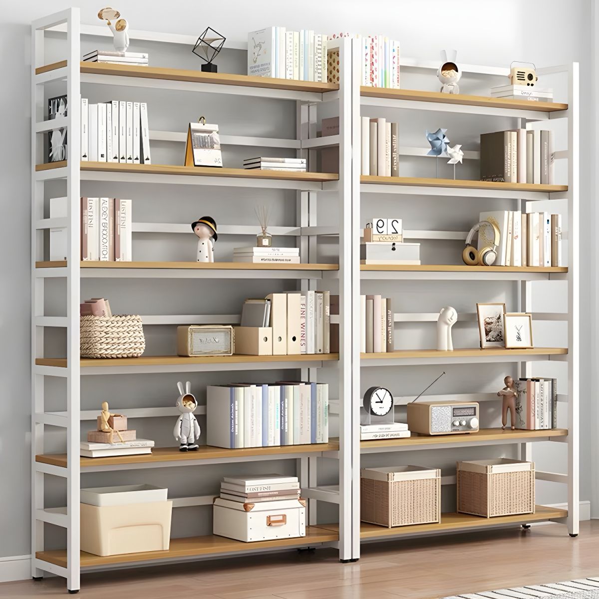 Modern Metal Display Stand with Wooden Shelves and Open Storage