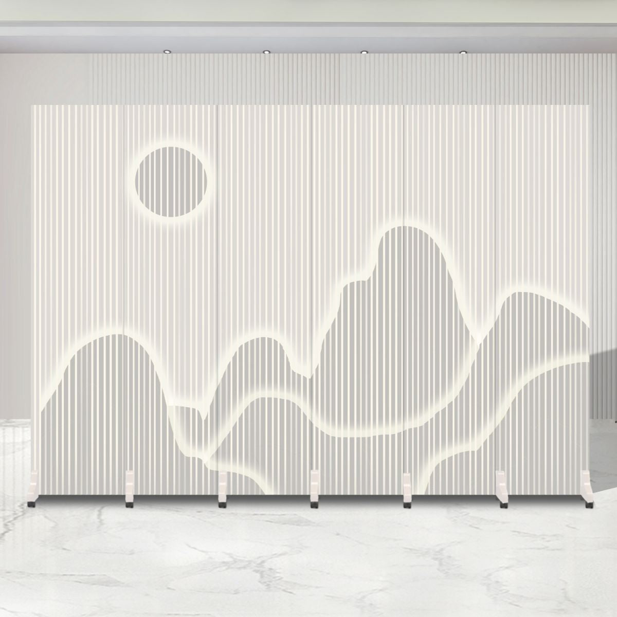 Indoor Opaque Folding Natural Wood Temporary Wall Panels with 6 Panels, Double Sided Print, and Self-supporting Design