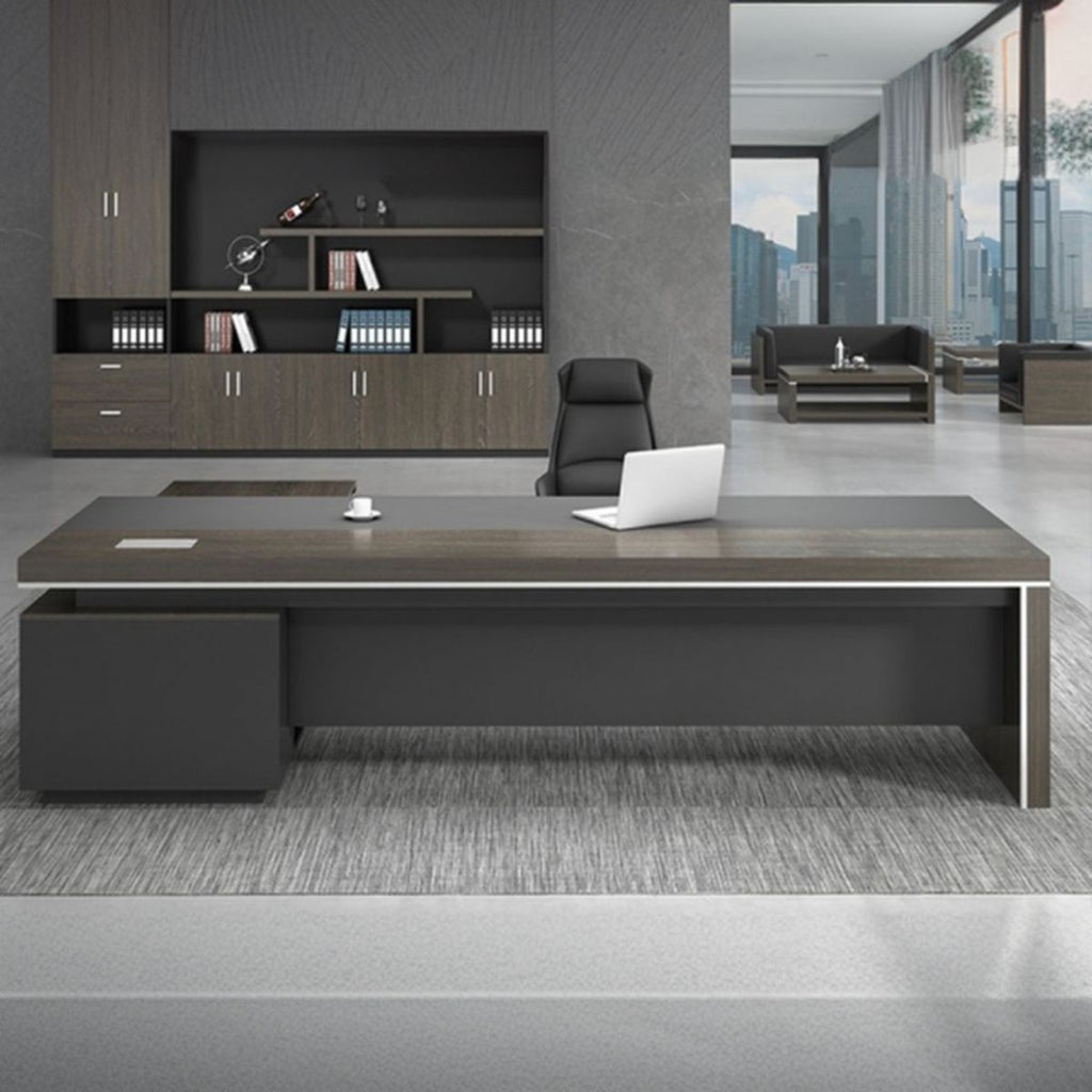 Watertight Office Desk with 2 Drawers, Stump Base, Exterior Shelf, Cable Management, Dark Gray Top, Front Splash, and Cooling Hole