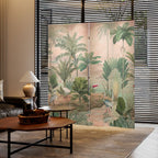 Green Opaque Fold-up Screen Divider with Natural Wood Frame, Double Sided Print, Independent