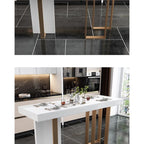 Luxurious High Top Table with White Marble Top, Dual Footing, Seating for 4/6/8, Chalk Color, Rectangle Shape