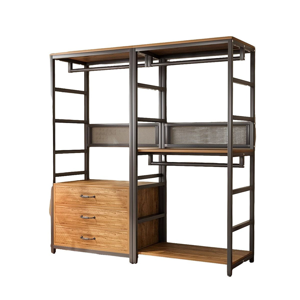 Midnight Black Simplistic Steel Hall Rack with Repository, 2 Drawers/3 Drawers, 4 Shelves/3 Shelves/7 Shelves, and Manufactured Wood Bench