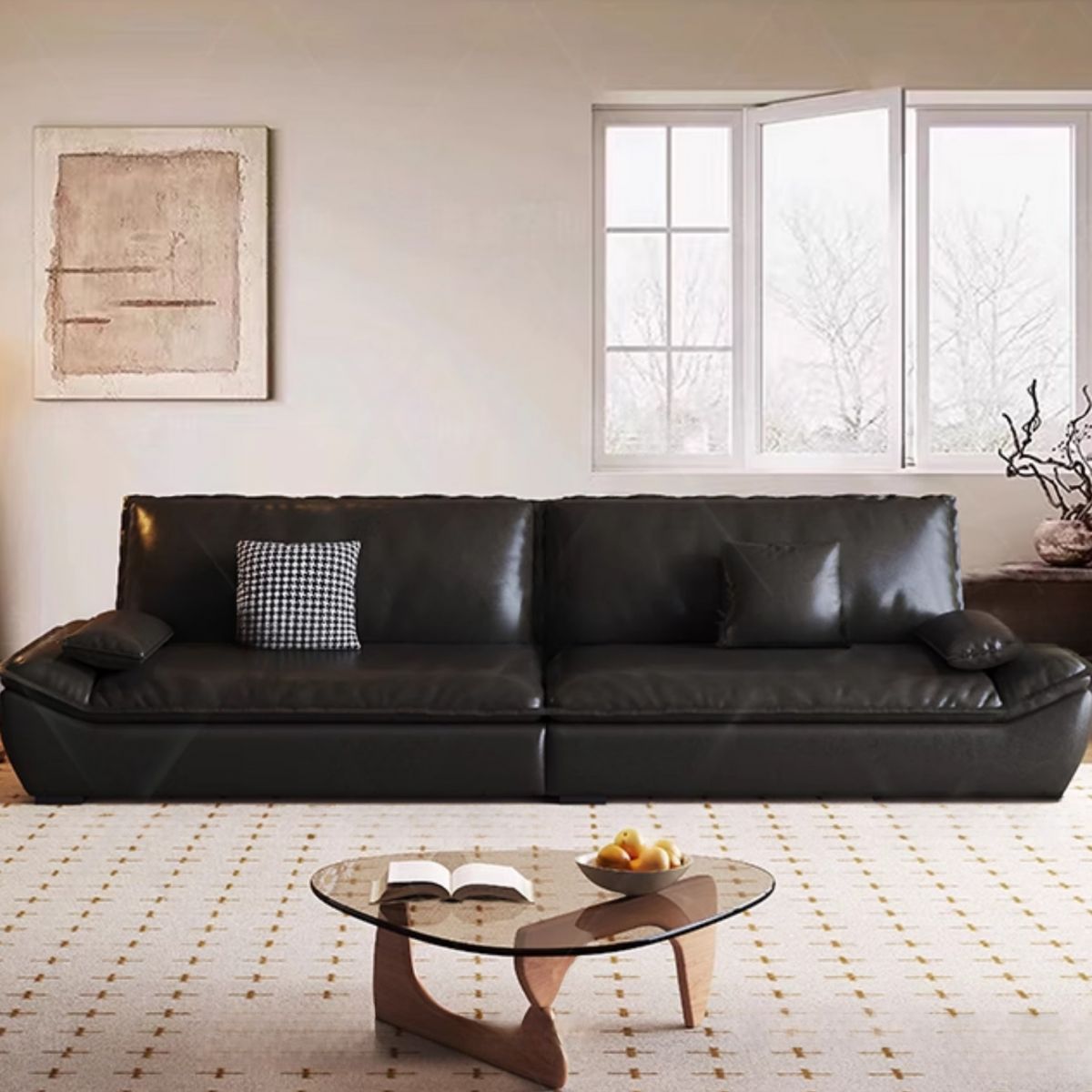 Contemporary Modern Scratch-durable Standard Sofa in Midnight Black for Drawing Room, Seats 4/3/2-seater with 2 Pillows, Solid Color Pattern