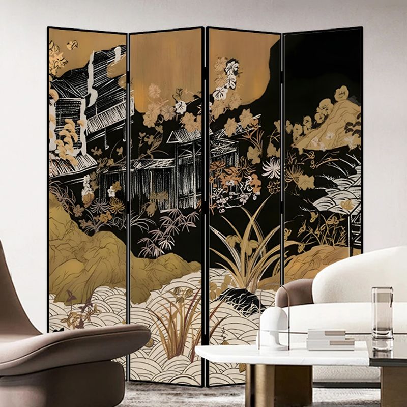 Minimalist Opaque Fold-up Screen Divider with Natural Wood Frame, 4 Panels, Double Sided Print, and Independent Design