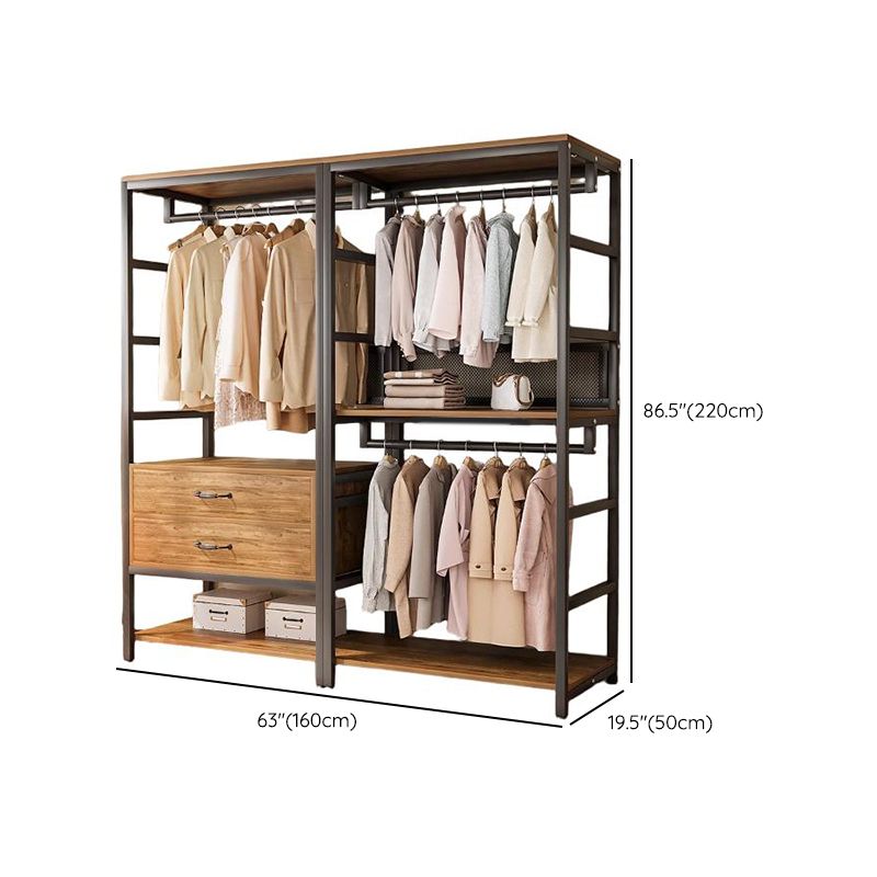 Midnight Black Simplistic Steel Hall Rack with Repository, 2 Drawers/3 Drawers, 4 Shelves/3 Shelves/7 Shelves, and Manufactured Wood Bench