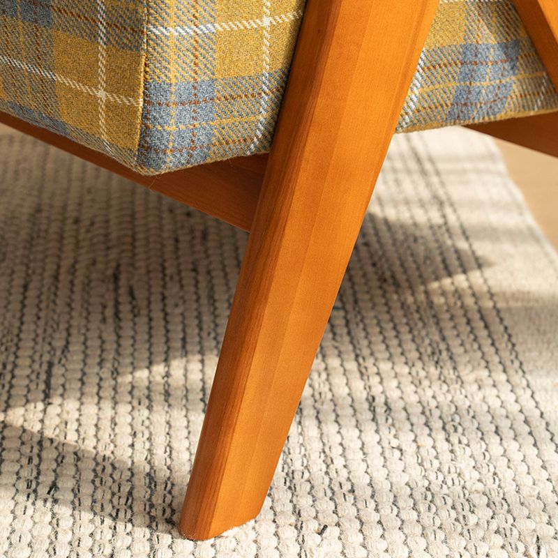 Art Deco Crisscross Arm Chair with Sewn Pillow Back in Yellow/Sky Blue/Light Brown and Arms