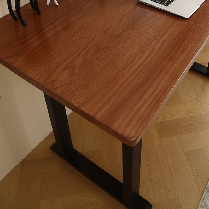 Simplistic Flexible Height Desk with Rainproof Toboggan Base, Automatic Height Adjustment, Auburn Lumber Top, Floor Mounted