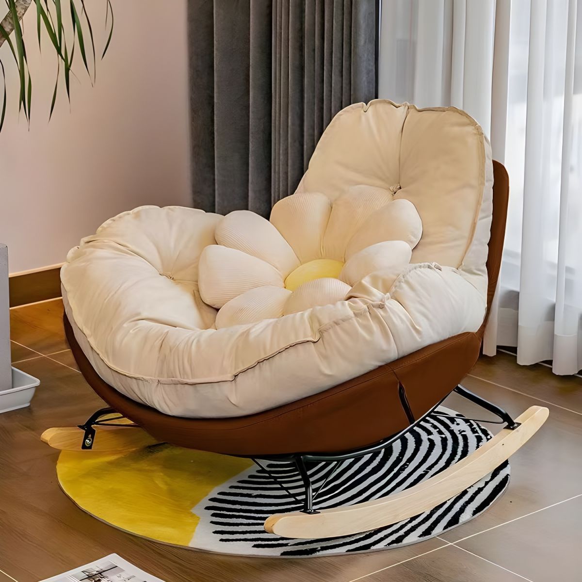 Modern Rocking Chair with Metal Frame and lint Upholstered, Solid Wood Legs and Armless Design