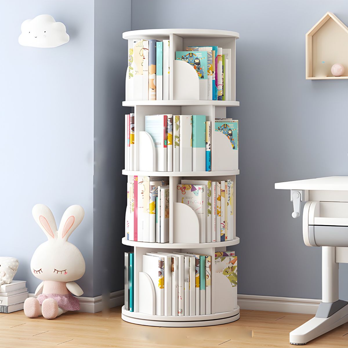 Round Rotatable Bookcase Wooden Open Storage Bookshelf for Home Office