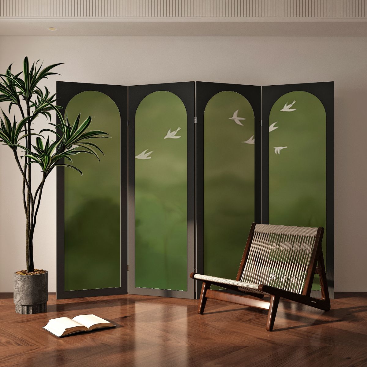 Sage Opaque Fold-up Screen Divider with Natural Wood Frame, 4 Panels, Double Sided Print, and Independent Design