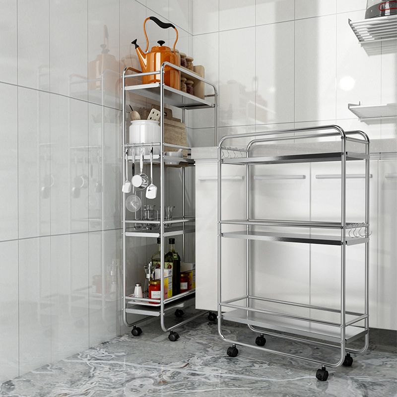 Laundry Room Use Stainless-Steel Tool Service Cart with Handle, Lockable Wheel & 4 Shelves