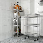 Laundry Room Use Stainless-Steel Tool Service Cart with Handle, Lockable Wheel & 4 Shelves