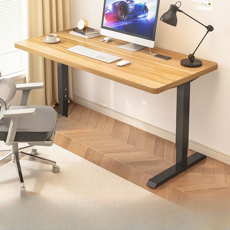 Modern Rectangular Height-Adjustable Laminate Desk in Midnight Black/Chalk/Light Brown with Cable Management and Hand-Operated Office Computer Desk