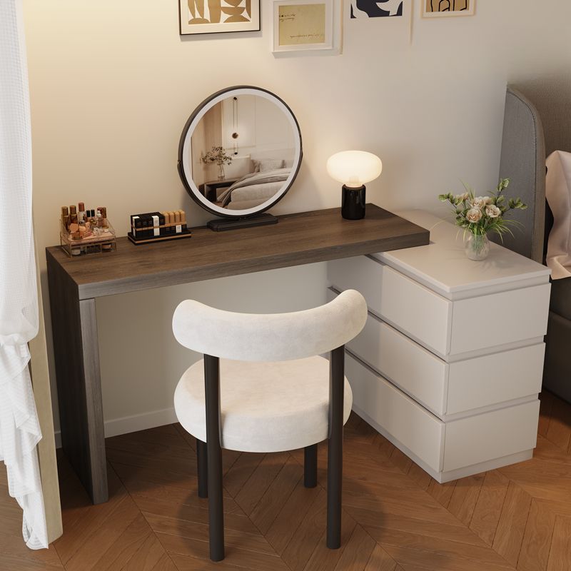 Modish Large Vanity Set with Lumber Table Top, White Chair, 3 Drawers, and Light Up Mirror