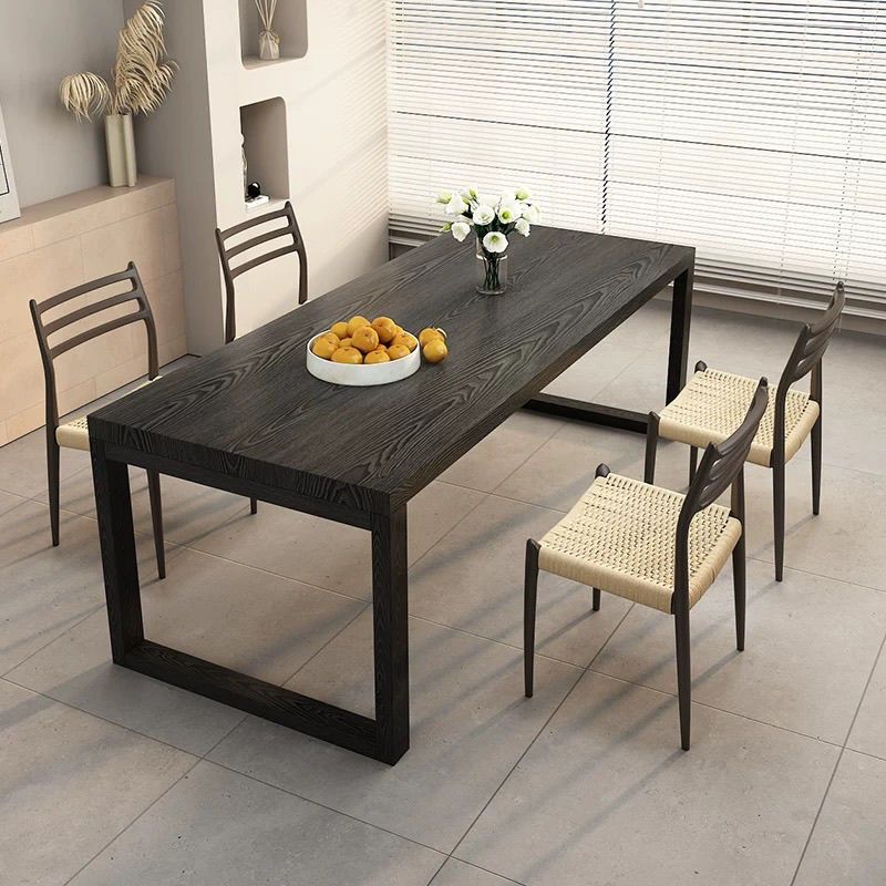 Contemporary Matte Black Solid Wood Kitchen & Dining Table with Sled Base and Fixed Table for 6-person Seat