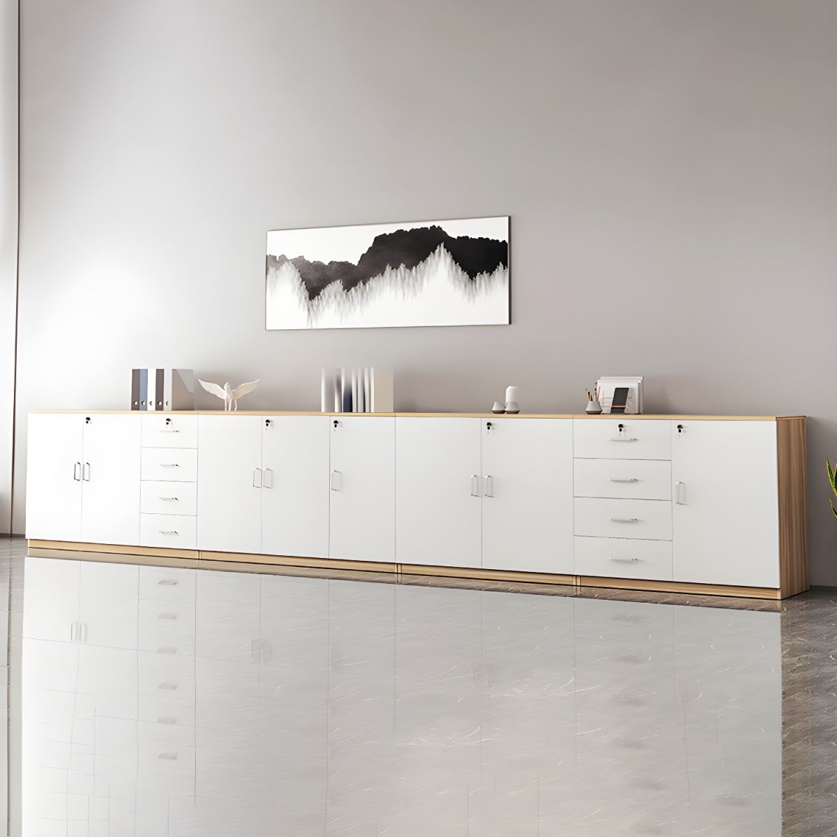 Modern Cabinet Wood Lateral Adjustable Storage Shelves and Locking Drawers File Cabinet