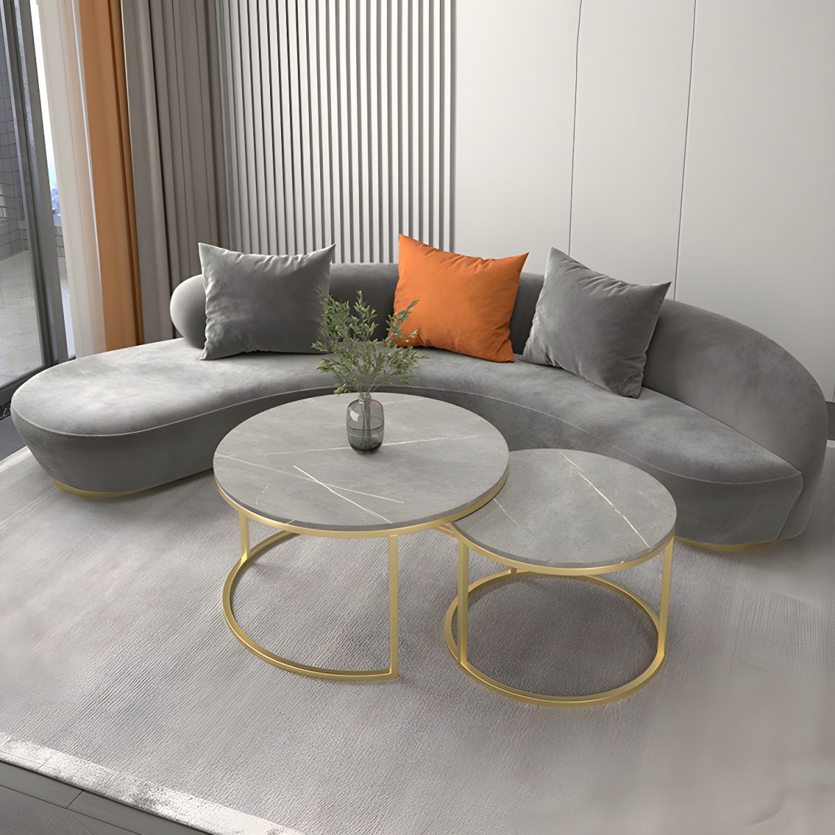 Modern Curved Sofa with Slopped Arm and Golden Base for Living Room