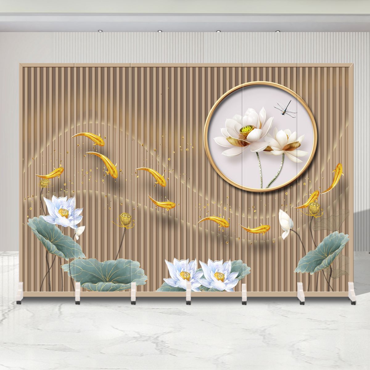 Indoor Opaque Folding Natural Wood Temporary Wall Panels with 6 Panels, Double Sided Print, and Self-supporting Design