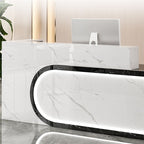 Rectangular Beige/Orange/Pink Manufactured Wood Top Reception Desk with Hutch, Keyboard Tray and Cable Management