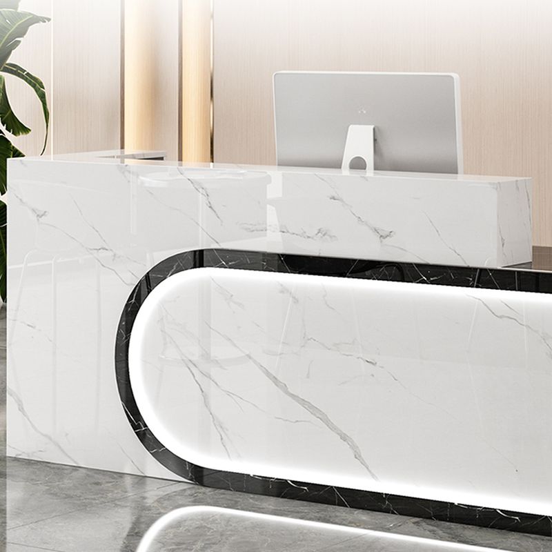 Rectangular Beige/Orange/Pink Manufactured Wood Top Reception Desk with Hutch, Keyboard Tray and Cable Management