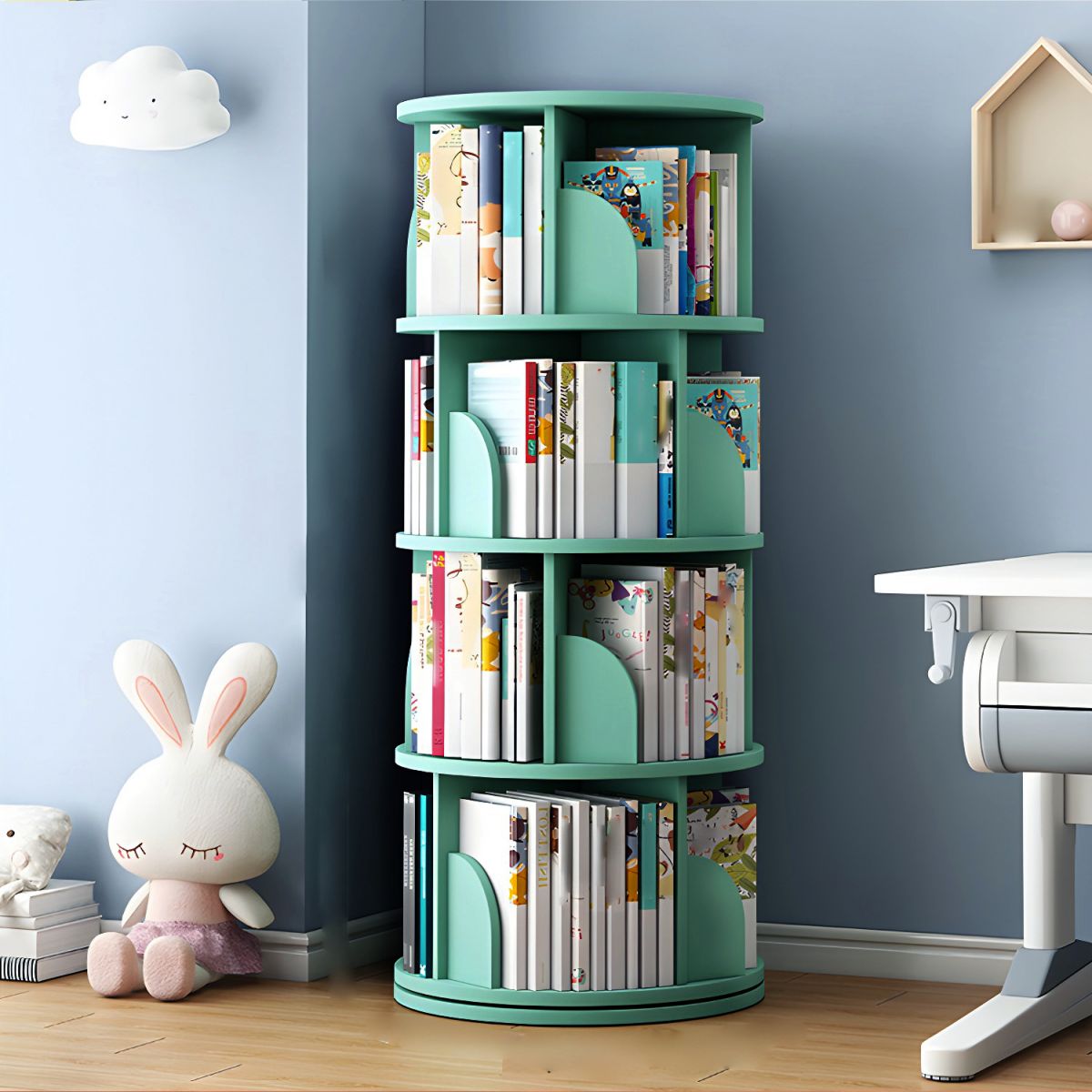 Round Rotatable Bookcase Wooden Open Storage Bookshelf for Home Office