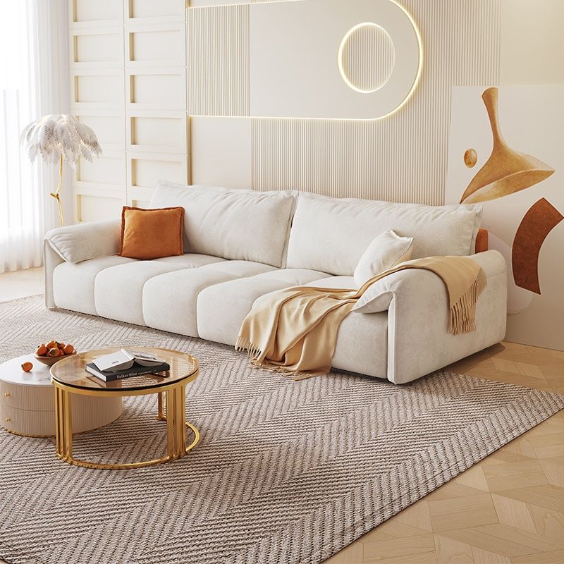 Contemporary Modern Stain Resistant Solid Color Standard Sofa in Off-White/Amber Flannel, Seats 4/3 with 2 Pillows