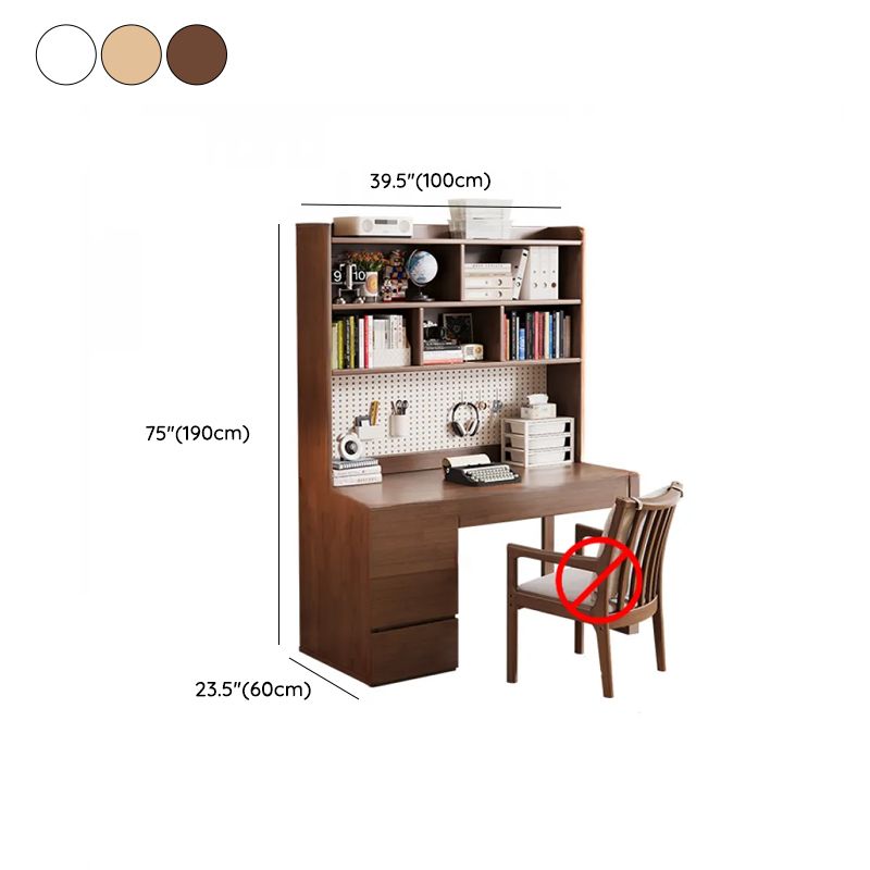 Modern Rectangular Natural Wood Desk in Chalk/Auburn/Unfinished Color with Drawers, Exterior Shelf, and Hutch
