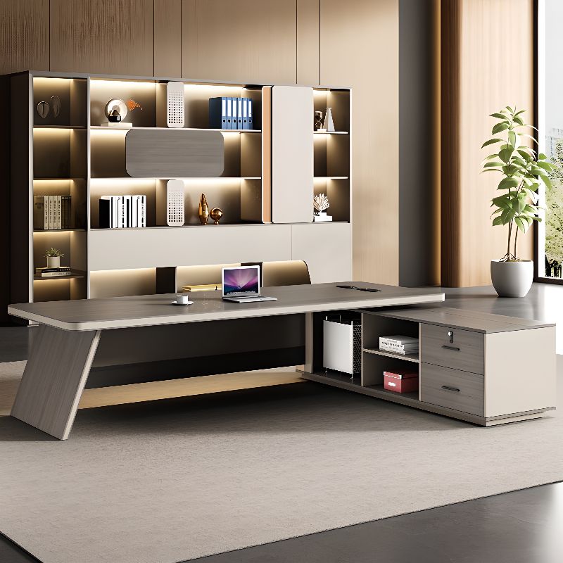 Single Pedestal Dyefast Gray Executive Desk with Cable Management, 2 Drawers, Exterior Shelf and Cooling Hole