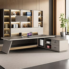 Single Pedestal Dyefast Gray Executive Desk with Cable Management, 2 Drawers, Exterior Shelf and Cooling Hole