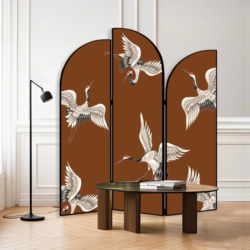 Art Deco Opaque Compact Room Divider with Lumber Frame, 3 Panels, Double Sided Print, Freestanding