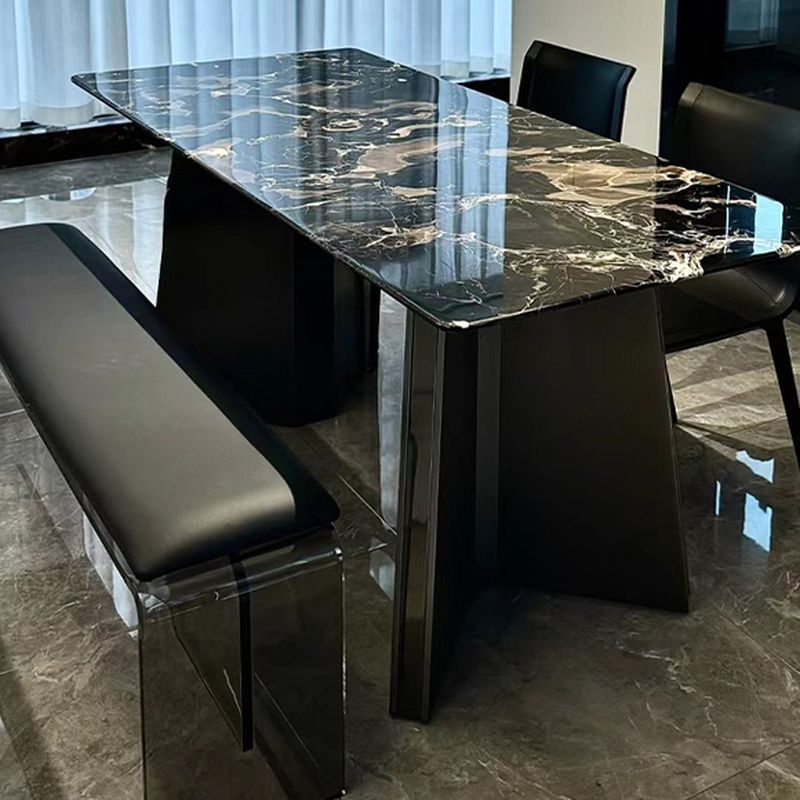 6-seater/4-person Seat Modish Black Scratch-defiant Marble Slab Fixed Marble Dining Table, Mixed Material