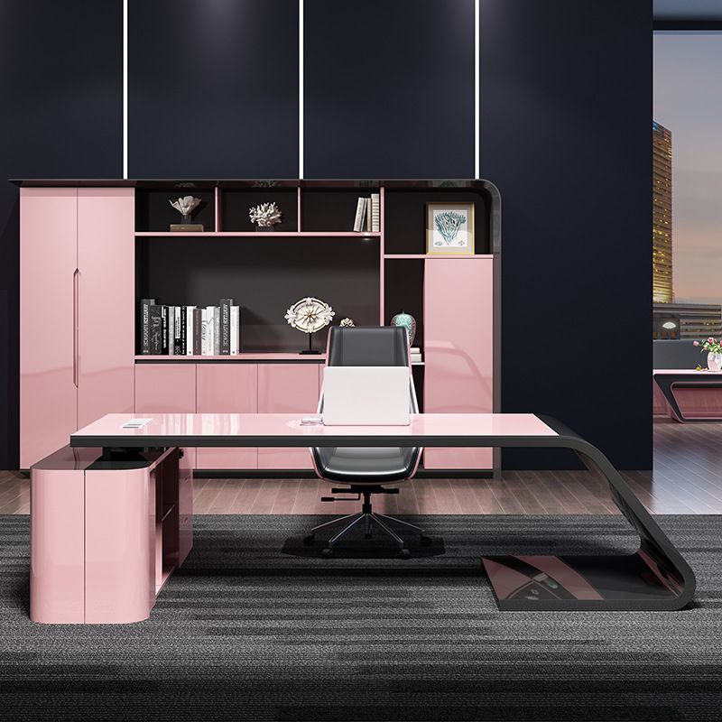 Rose Executive Desk with 3 Drawers, Cabinet, Exterior Shelf, Cable Management, Cooling Hole & Pedestal Base, Scratch Resistant