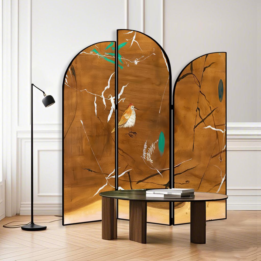 Art Deco Opaque Compact Room Divider with Lumber Frame, 3 Panels, Double Sided Print, Freestanding