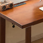Casual Writing Desk with Built-in Outlets, Rust Resistant Sleigh Base, and Ink/Light Brown/Natural Pine Wood Top