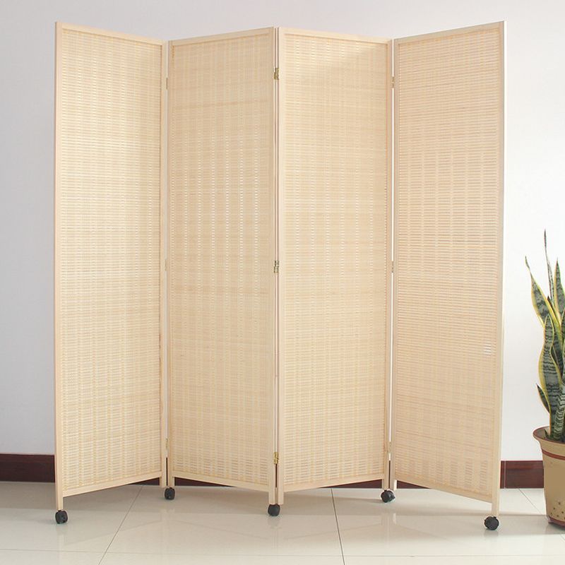 Wood Grain Opaque Fold-up Screen Divider with Wheels, 4 Panels, Rattan Material, and Independent Design