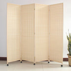 Wood Grain Opaque Fold-up Screen Divider with Wheels, 4 Panels, Rattan Material, and Independent Design