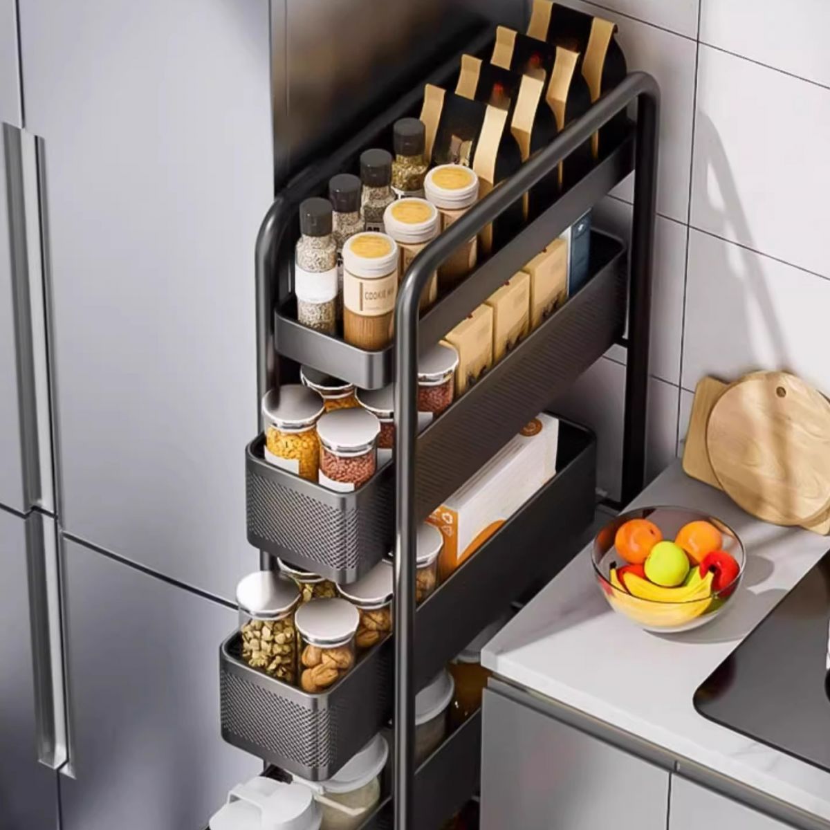 Portable Center with Wheels, Drawer, 4/3/2 Drawers, Exterior Shelving, Metal Countertop, Open Storage, Black/White Top