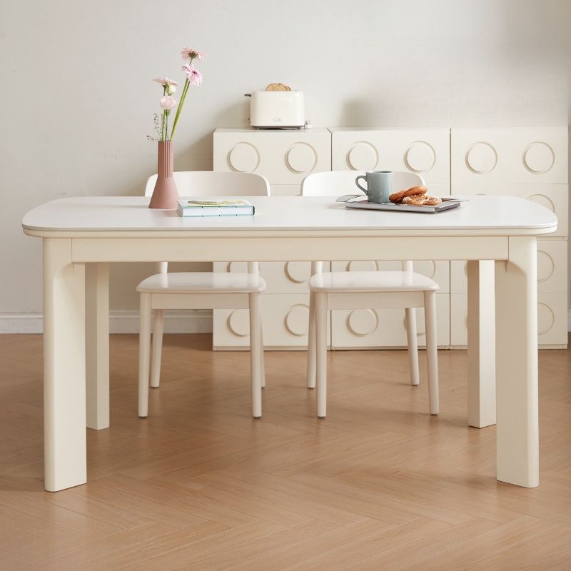 Contemporary Solid Wood Kitchen & Dining Table in Chalk with Legs, Fixed Table Mechanism, 4-person/6-person Seating, Scratch Resistant Sintered Stone Tabletop
