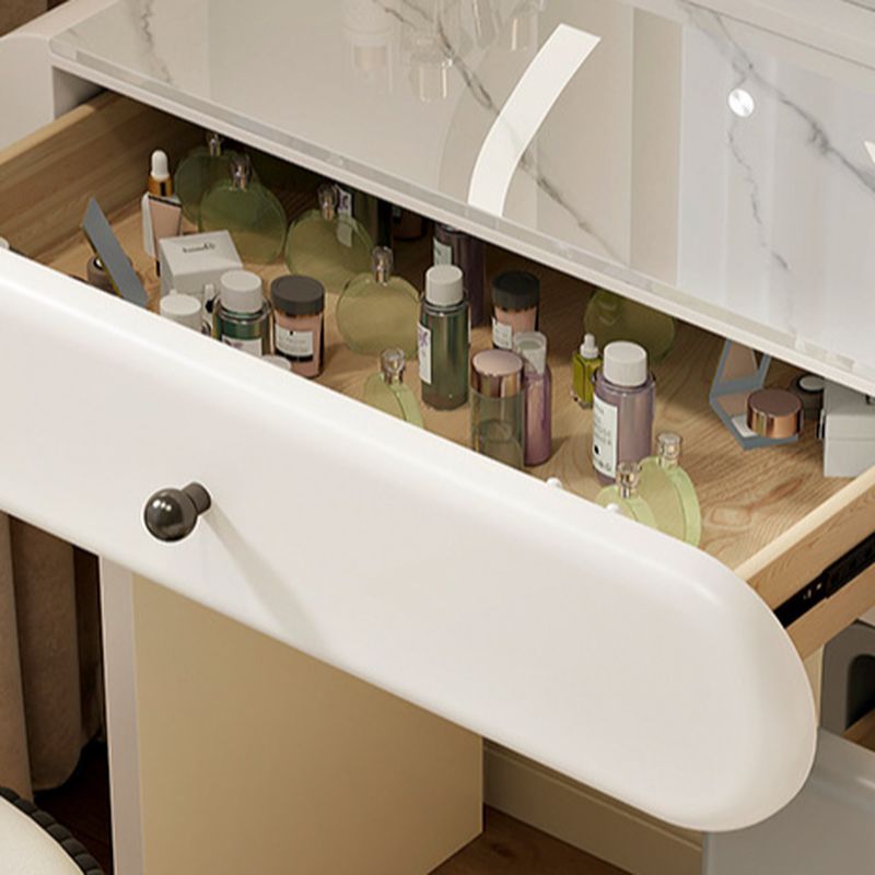 Modish Small Vanity Set with Stone Table Top, White Chair, 4 Drawers, and Light Up Mirror