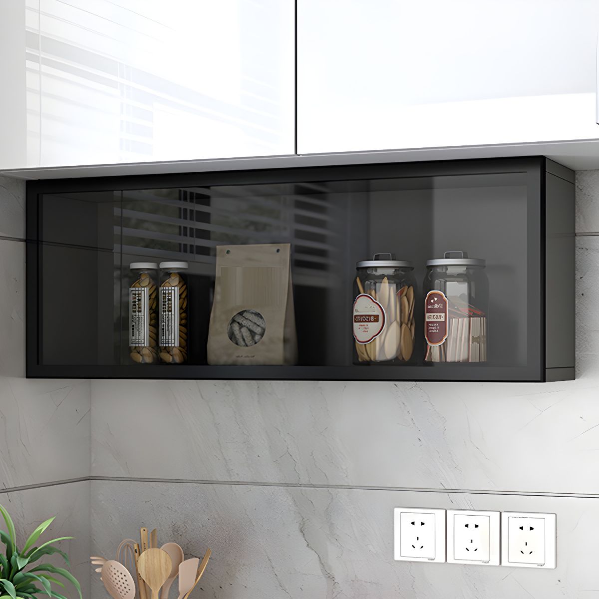Contemporary Faux Wood Wall Mounted Display Cabinet with Glass Door