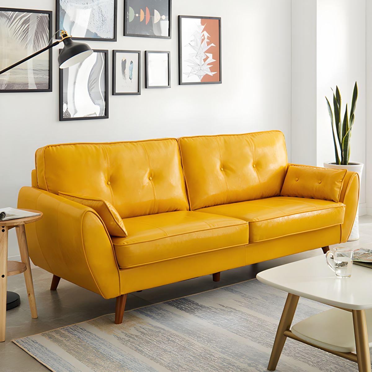 Modern Leather Sofa Flared Arm Button-tufted Loose Back Sofa for Living Room Bedroom