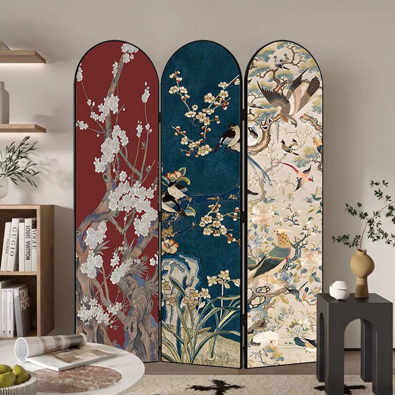 Minimalist Opaque Fold-up Screen Divider with Natural Wood Frame and 3 Panels, Double Sided Print, Independent