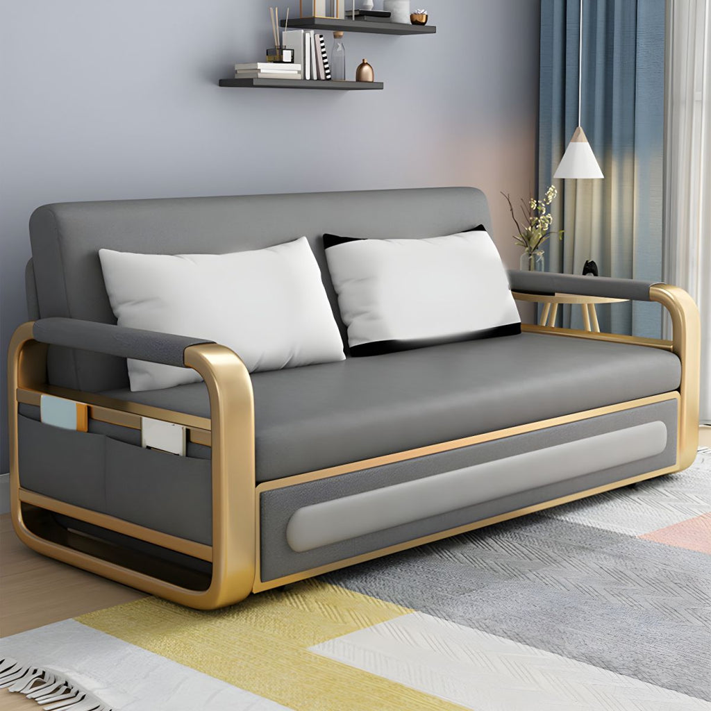 Faux Leather Metal Arm Convertible Futon Sofa Bed Tight Back Loveseat