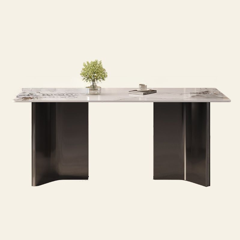 Anti-Fouling Gloss Finish Stone Dining Table with a Sintered Stone Tabletop and Midnight Black Double Pedestal Base for Seating for 4/for 8/6 People