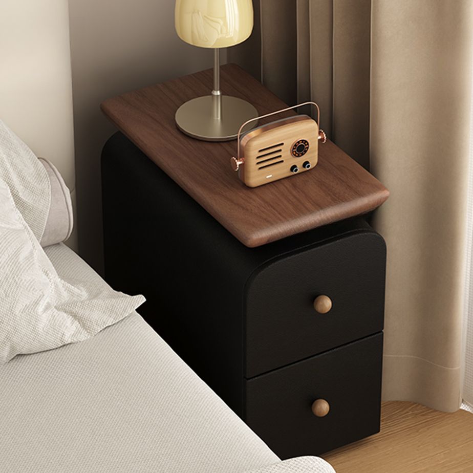 Modish Curved Nightstand with 2 Drawers and Natural Wood Countertop