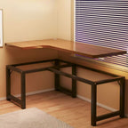 Chalk/Brown Minimalist L-Shape Distortion-resistant H-Shape Desk with Exterior Shelf and Wire Management in Natural Wood