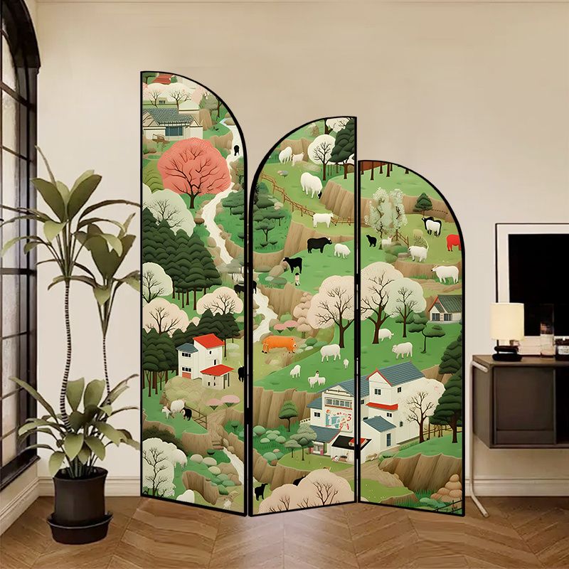 Indoor Opaque Folding Temporary Wall Panels with Natural Wood Frame, 3 Panels, Double Sided Print, Self-supporting