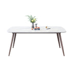 7-Piece Metal Modern Dining Set with Slate Table Top and Upholstered Chairs in Violet Color